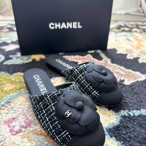 CHANEL Black Tweed Camellia Slide Mules with CC Charm